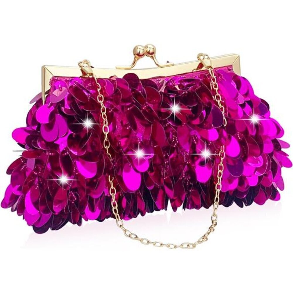 Sparkly Hot Pink Evening Clutch Purse - Elegant Sequined Party Handbag Formal